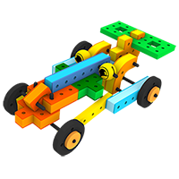 A colorful sailboat made from BAKOBA building blocks, designed to float on water.