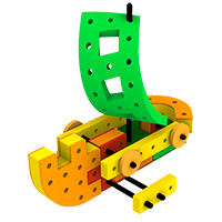 A colorful sailboat made from BAKOBA building blocks, designed to float on water.