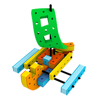 A colorful sailboat made from BAKOBA building blocks, designed to float on water.