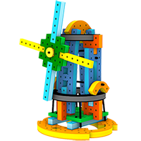 A colorful sailboat made from BAKOBA building blocks, designed to float on water.