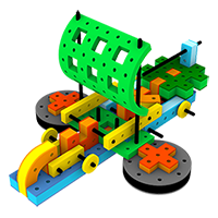 A colorful sailboat made from BAKOBA building blocks, designed to float on water.